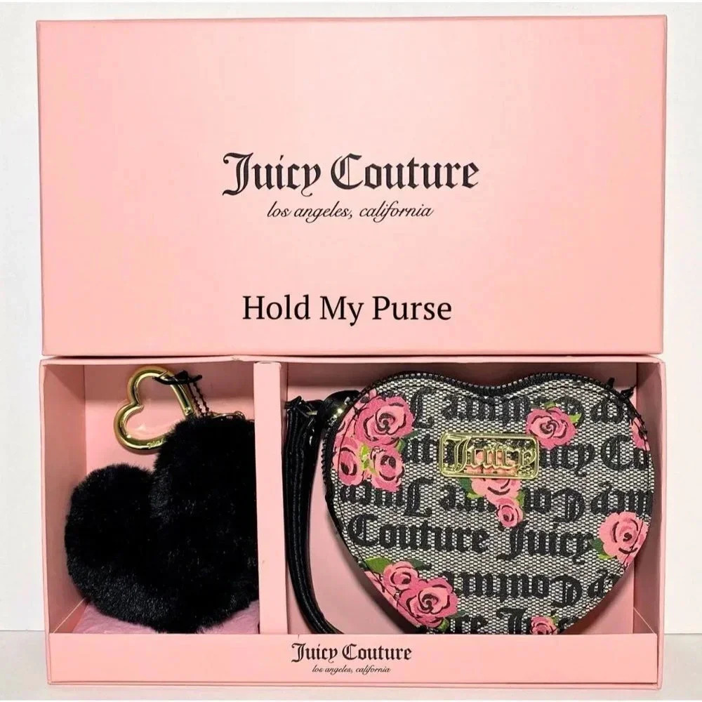 Juicy Couture Black Blossoms Heart Wristlet & Pom Pom Keychain Charm Gift Set - Picture 8 of 8